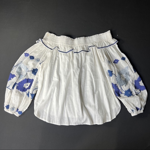 MISA LA Selena off shoulder peasant boho white top w blue embroidery/S - Picture 4 of 10